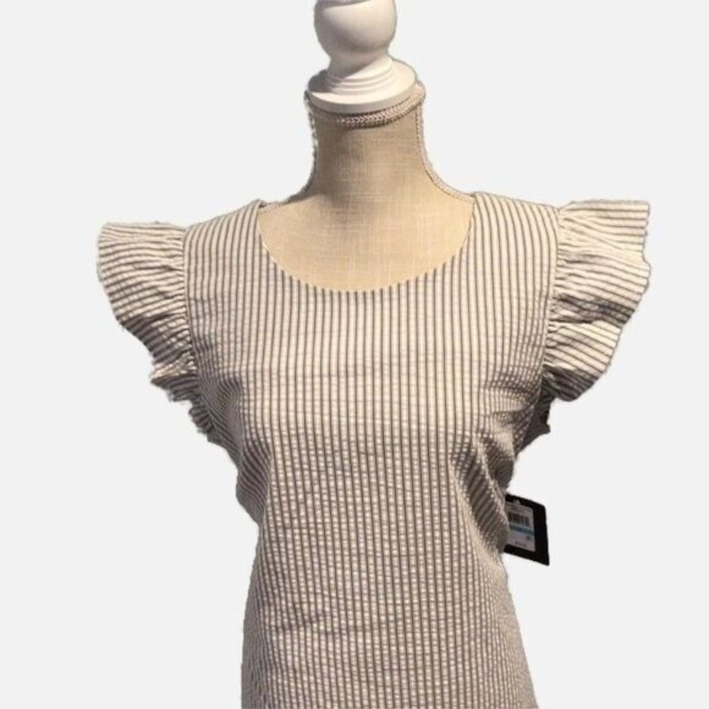 Dress Wing Ruffle Sleeve Pinstripe Crew Neck Zip Stretch Easter Spring Sz 16 - Picture 3 of 14